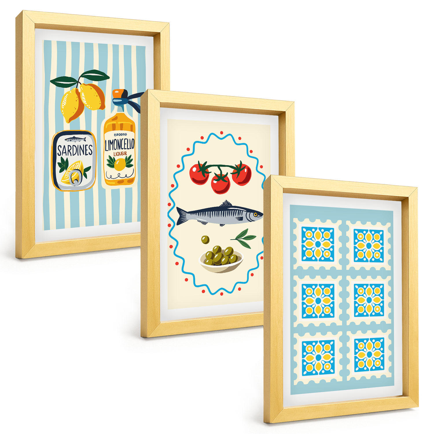 BILDER SET 3er Set - 20x30 cm Goldrahmen - Illustrationen von Küchen im mediterranen Stil - Goldfarben, Kunststoff (20/30cm) - TULUP