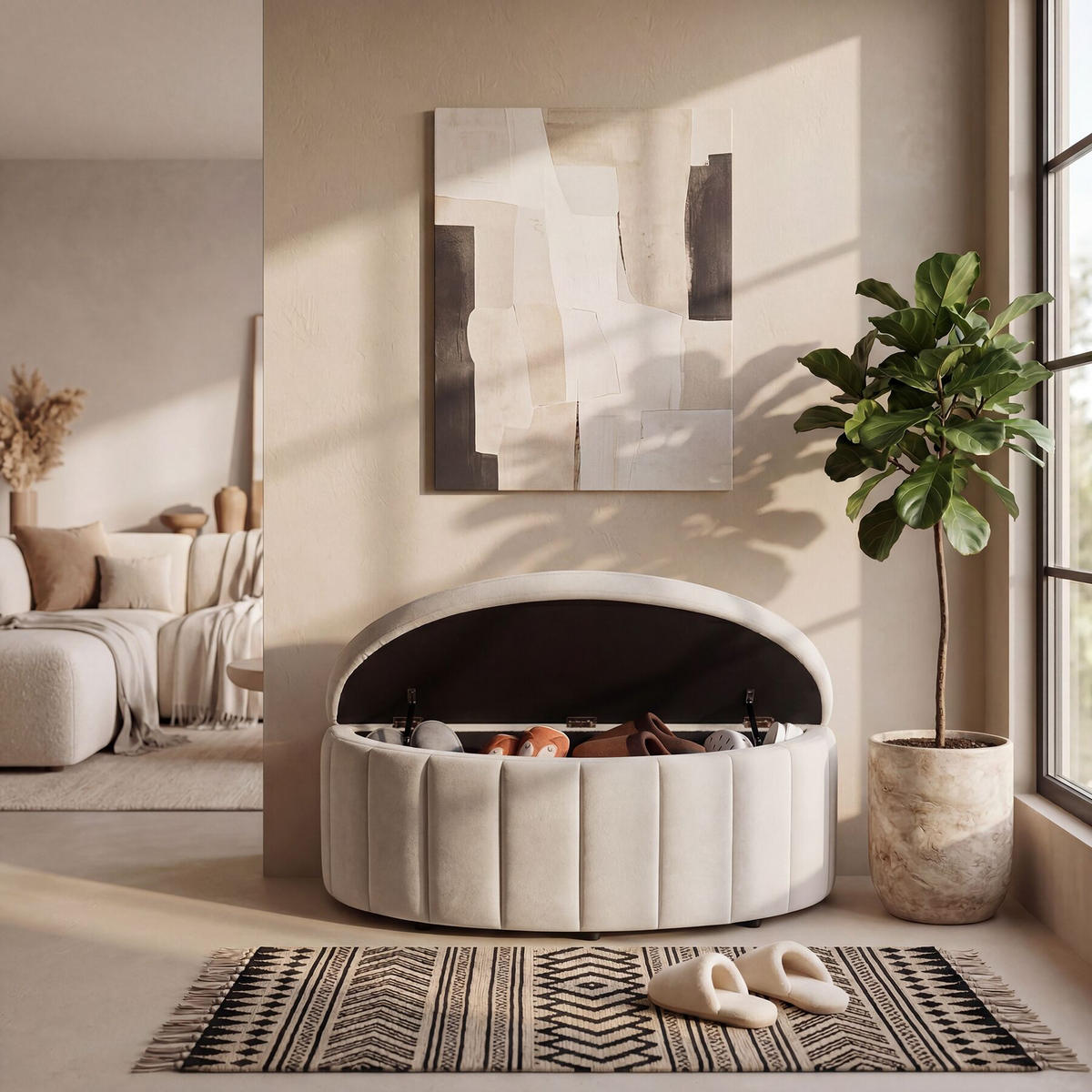 POLSTERBANK Moon mit großem Stauraum, Belastbarkeit 150 kg, 108 x 48 x 38,5 cm, Samtoptik taupe - Taupe, Holz (108/40/48cm) - tectake