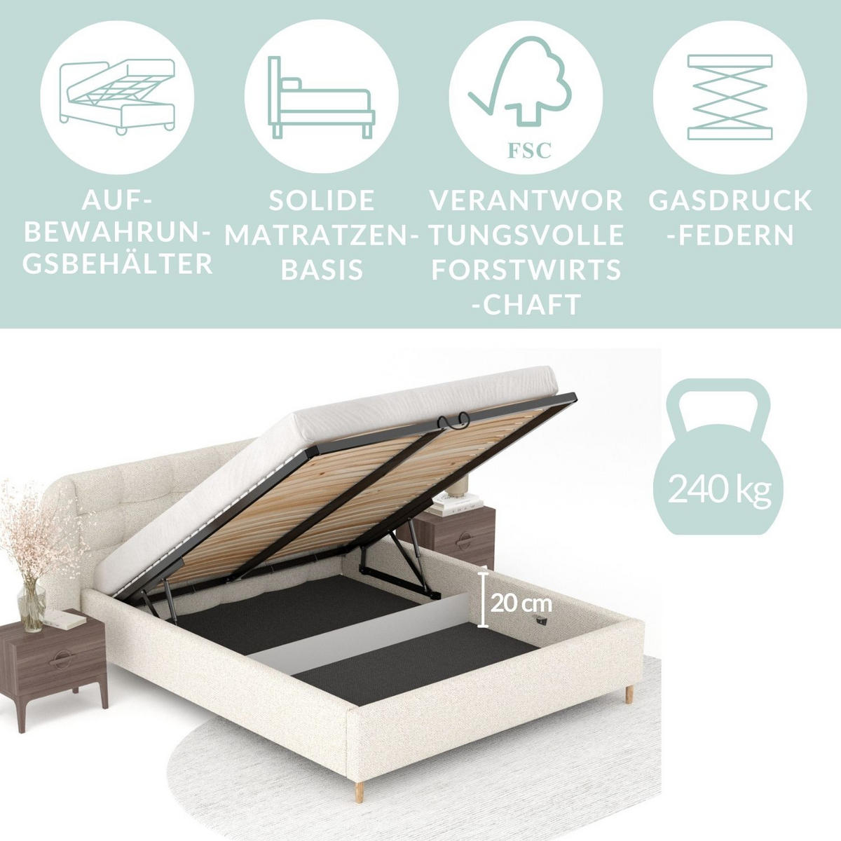 POLSTERBETT Nuno Beige 140/200 cm im Plüsch-Stoff - Beige/Naturfarben, Holz/Holzwerkstoff (140/200cm) - Maison de Reve