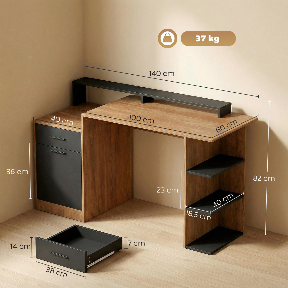 COMPUTERTISCH Spanplatte MDF Eiche - Eichefarben, Holzwerkstoff (140/60/82cm) - HOMCOM