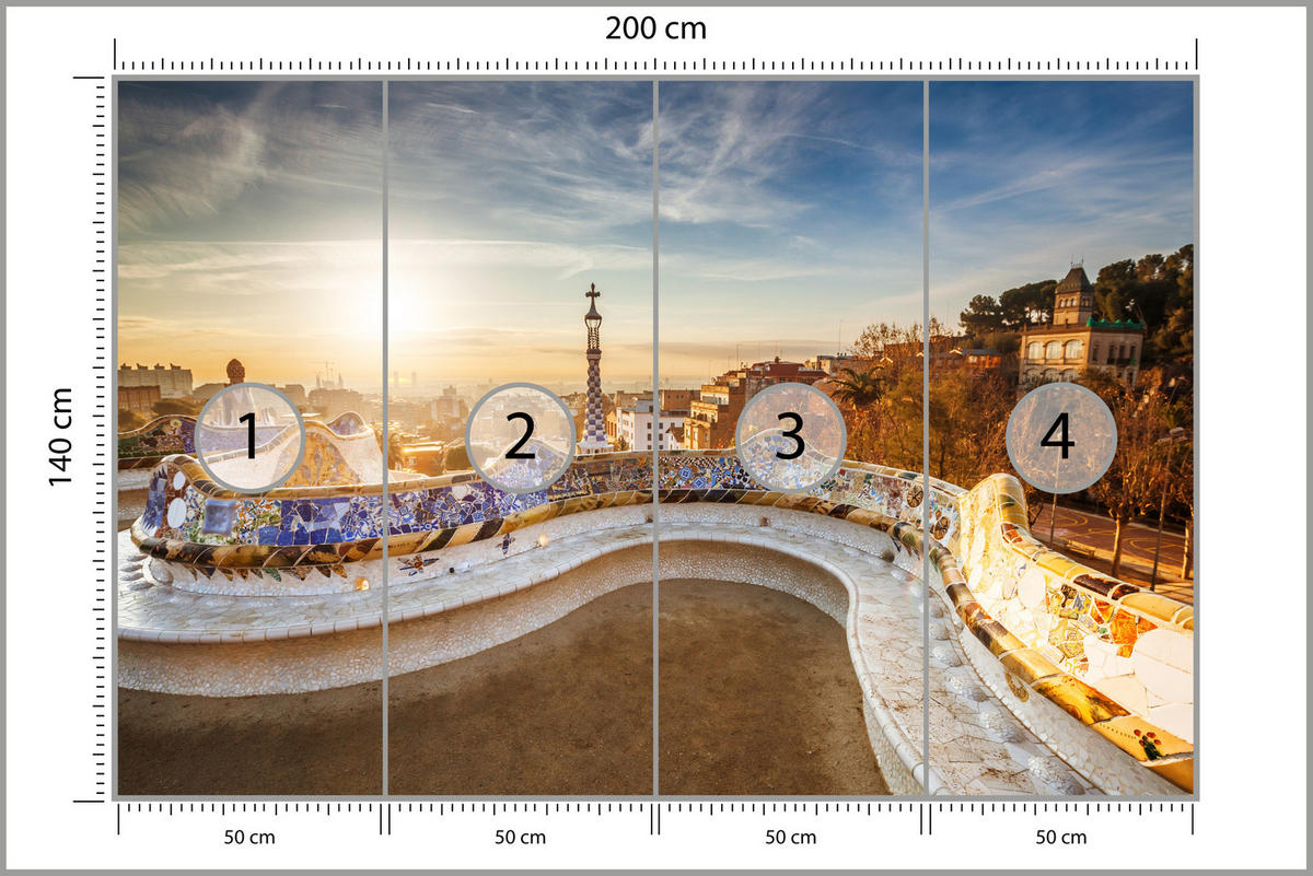 FOTOTAPETE für Wohnzimmer Sonnenaufgang Barcelona Denkmäler 200x140 - Gelb/Beige, Papier (200/140cm) - Muralo