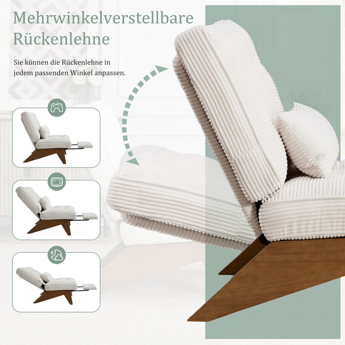 SCHAUKELSTUHL Beige Cord mit Fußstütze, Lendenkissen und Holzbeinen - Beige, Textil (73/90/127cm) - Oxeza