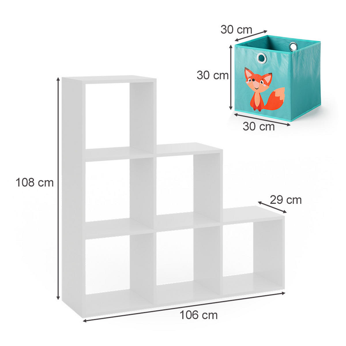 TREPPENREGAL Weiß 107.2 x 107.8 cm mit Faltboxen opt.1 - Weiß, Holzwerkstoff (107.2/107.8/29cm) - Vicco