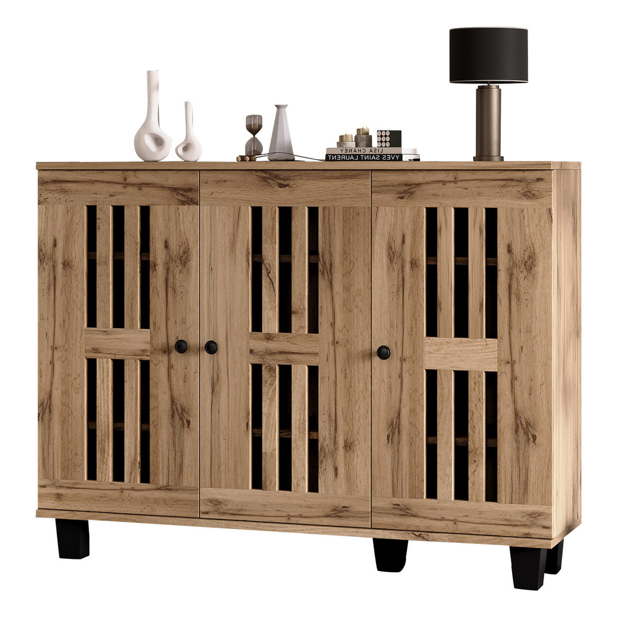 SIDEBOARD Holzoptik Natur, 3 Türen mit Innenfächern und Lamellenfronten, 120/32/92 cm - Naturfarben, Holzwerkstoff (120/92/32cm) - WISHDOR