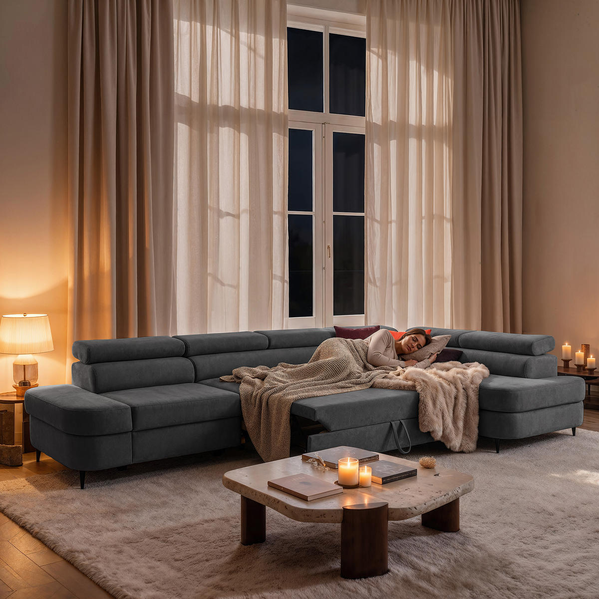 ECKSOFA PRIAM MAXI L-Form Rechts mit Schlaffunktion 125x195 Velours Grau - Schwarz/Grau, Holz/Textil (350/203cm) - Muffo
