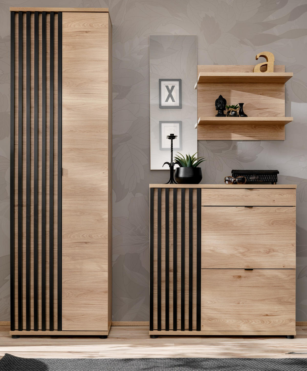 GARDEROBE Set 3-teilig Eiche Jackson, schwarz 170 cm, Garderobenkombination mit 3D-Lamellen - Eichefarben/Schwarz, Holzwerkstoff/Kunststoff (160/202/35cm) - Furn.Design