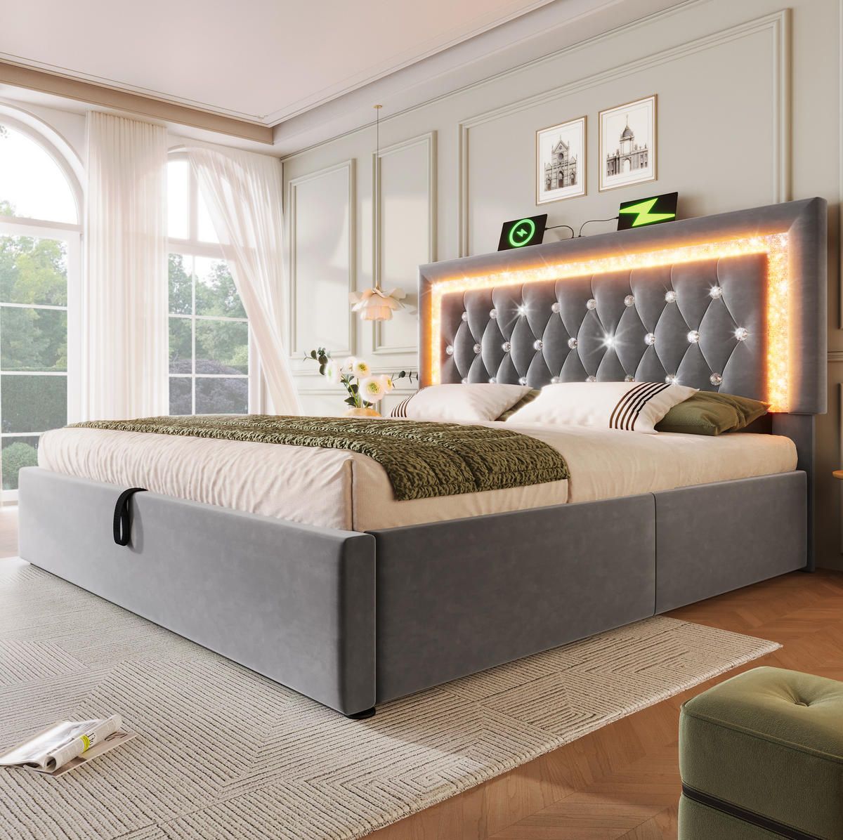 POLSTERBETT mit LED und Stauraum 140x200 cm Samt Grau - Grau, Metall (140/200cm) - Meubliv