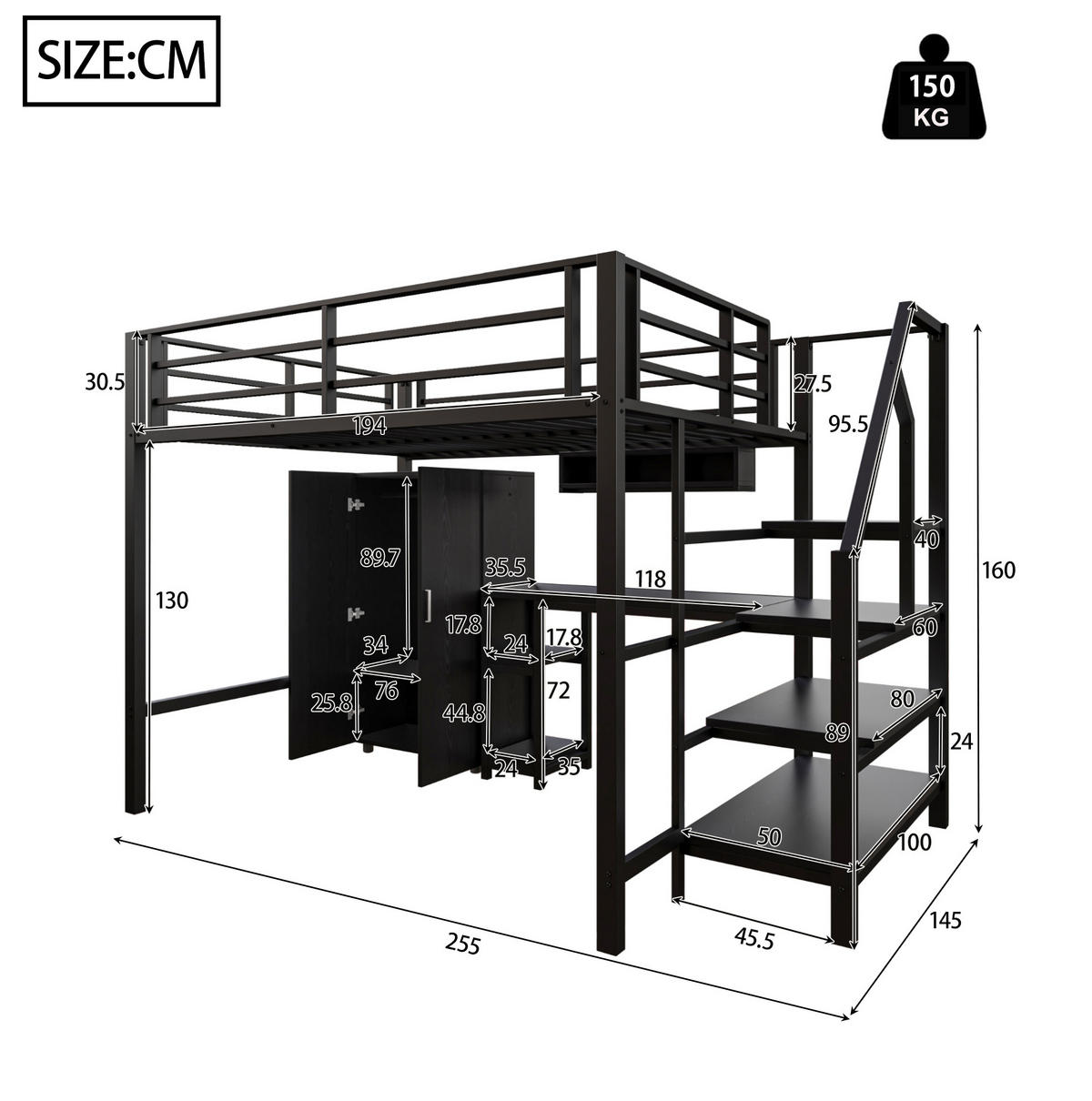 HOCHBETT 140/200 cm mit Kleiderschrank und Schreibtisch, Schwarz - Schwarz, Metall (140/200cm) - Flora Grace