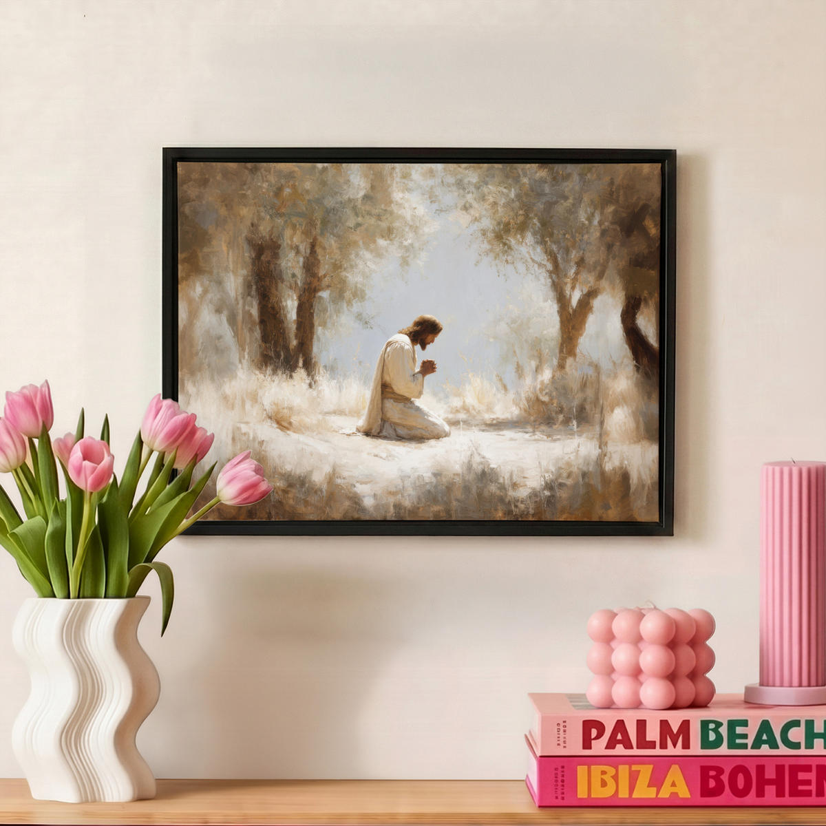 LEINWAND Bilder mit Rahmen - Jesus - Kniend - Waldlandschaft - Betend - 40x30 - Beige, Textil (40/30cm) - MuchoWow