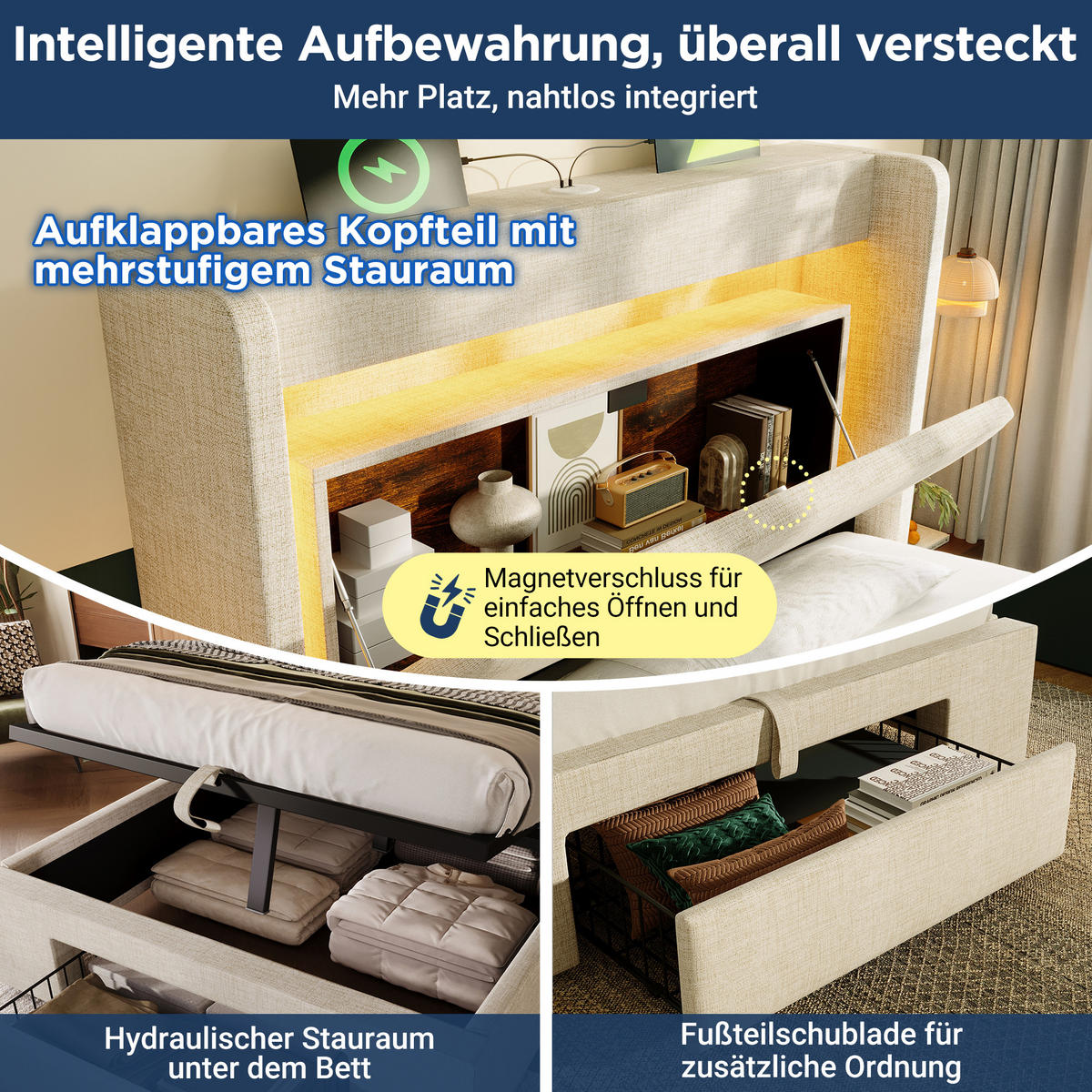 POLSTERBETT 90/200 cm mit LED, USB- und USB-C-Anschluss, hydraulischem Stauraum und Schublade und Matratze, Beige - Beige, Textil (90/200cm) - Redom