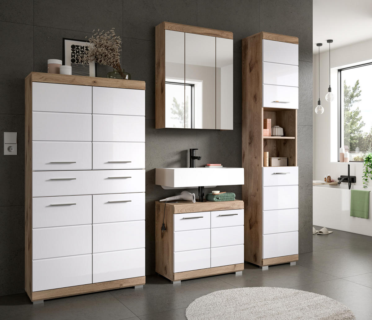 BADMÖBEL-SET weiß Hochglanz, Eiche 4-teilig 200 cm mit viel Stauraum - Weiß Hochglanz/Eichefarben, Glas/Holzwerkstoff (200/191/34cm) - Inn.Furn