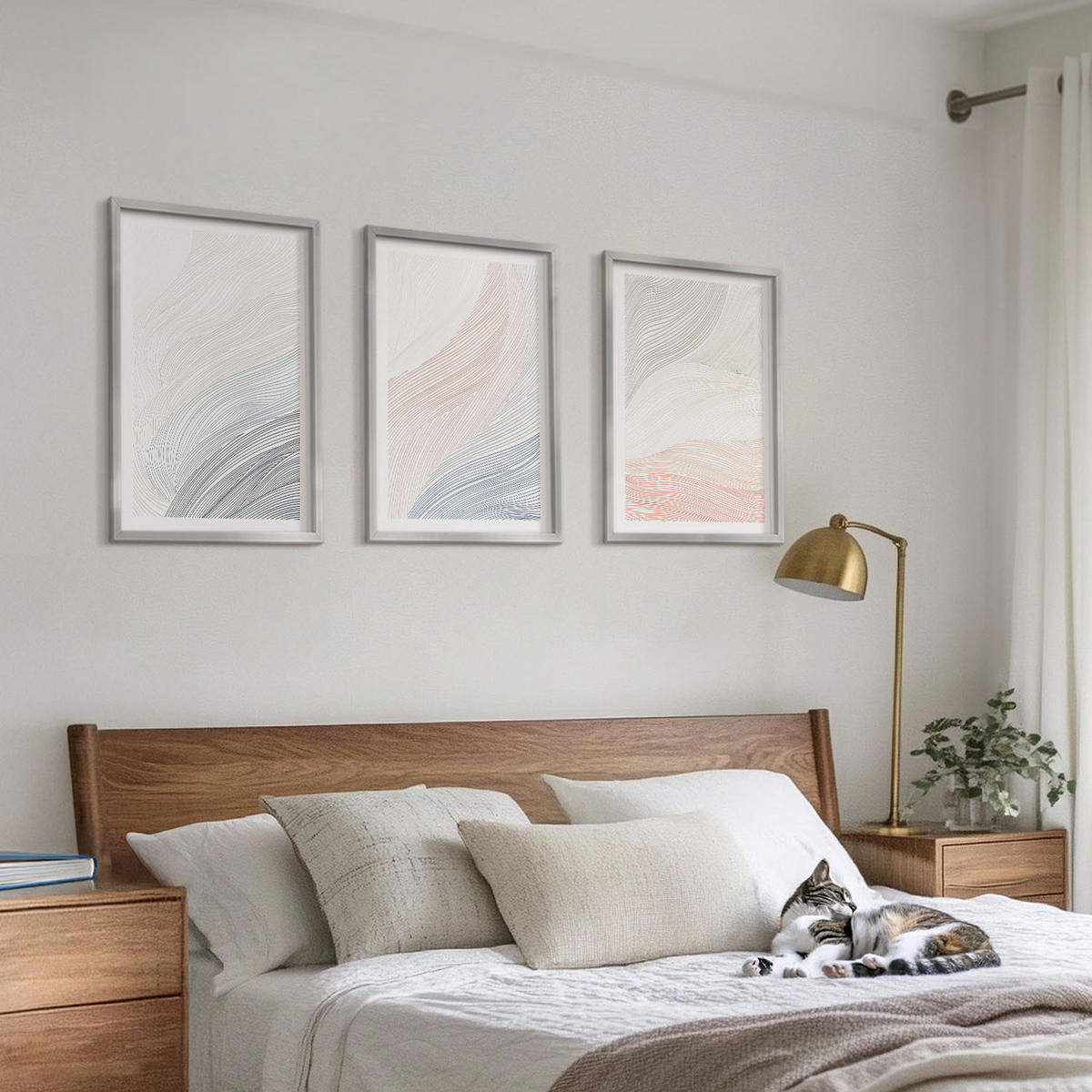 BILDER SET 3er Set - 40x60 cm Silberner Rahmen - Abstrakte Wellen, Karton, Pastell - Silberfarben, Kunststoff (40/60cm) - TULUP