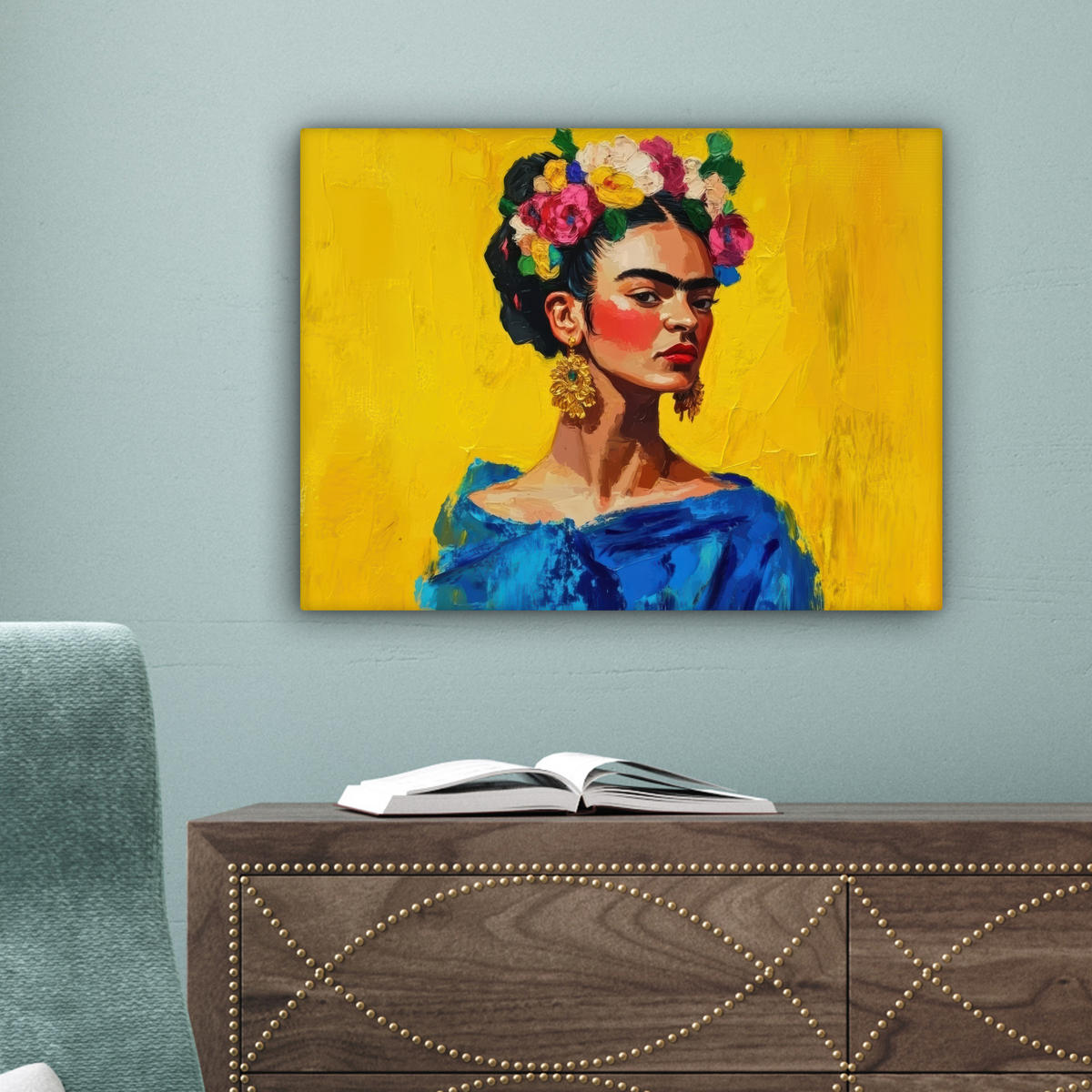 LEINWANDBILD Frida Kahlo - Frau - Gelb - Blau - Blumen 40x30 cm - Gelb, Textil (40/30cm) - MuchoWow