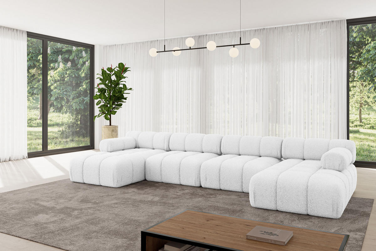 WOHNLANDSCHAFT modulares Sofa Tesso-U2 - 380x160x70 cm Weiß Bouclé - Weiß, Holzwerkstoff/Textil (380/70/160cm) - ALTDECOR