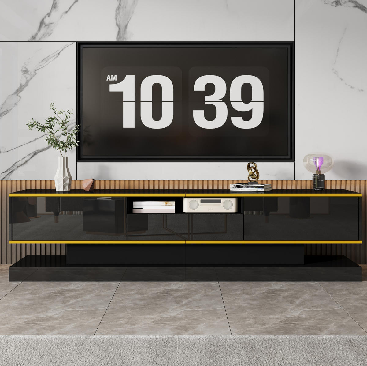 TV-LOWBOARD aus Spanplatte 180x38x45 cm Schwarz/Gold mit LED-Beleuchtung und 3 Schubladen - Schwarz, Holzwerkstoff (180/45/38cm) - IVMEU