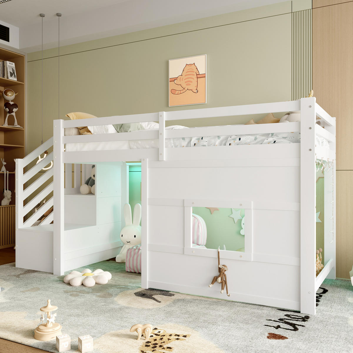 HOCHBETT 90/200 cm aus Kiefer, MDF und Sperrholz mit Stauraumtreppe und Fenster Weiß - Weiß, Holzwerkstoff (90/200cm) - Modenvie