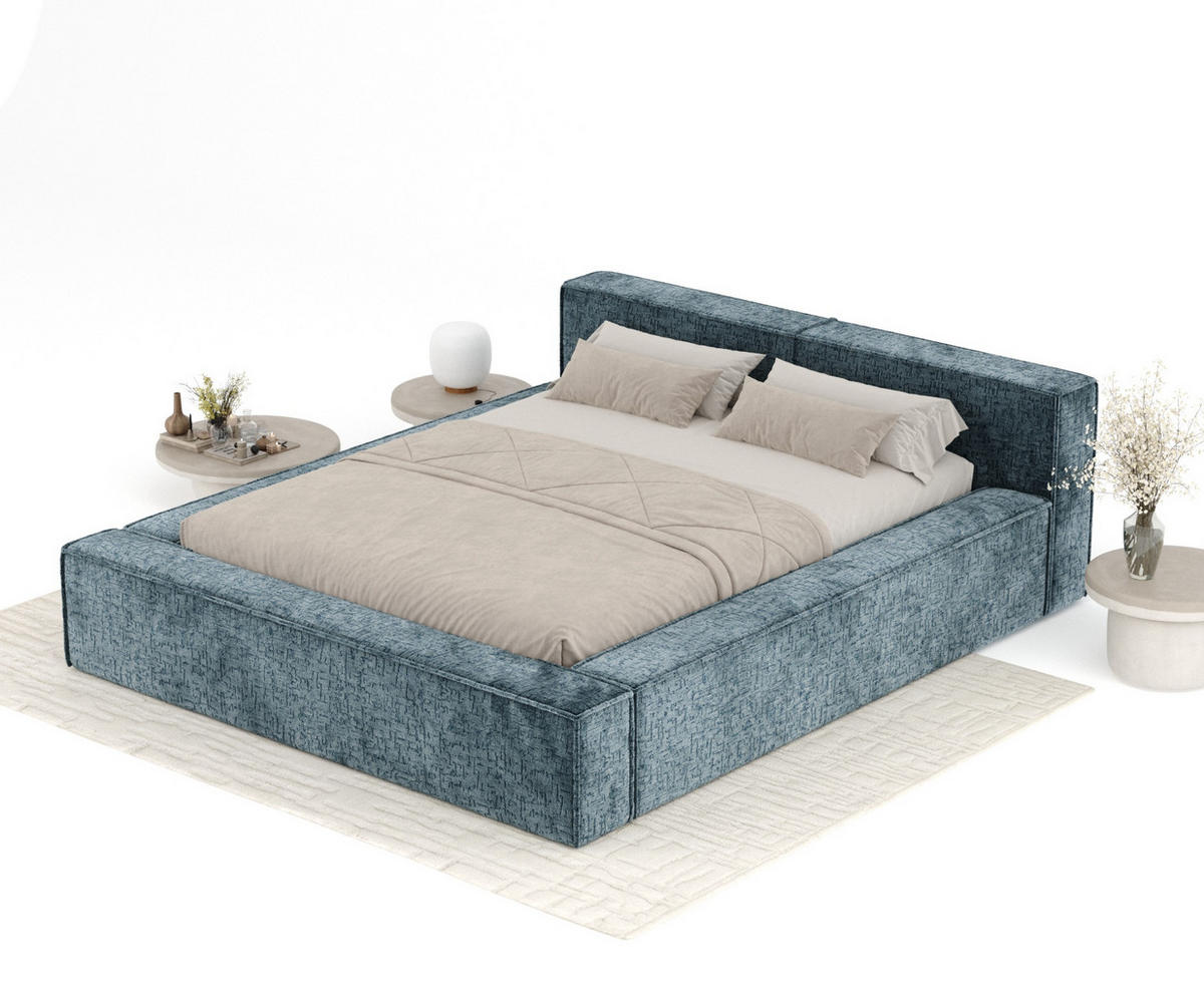 POLSTERBETT Voliera Blau 160/200 cm im Chenille-Stoff - Blau/Birkefarben, Holz/Holzwerkstoff (160/200cm) - Maison de Reve