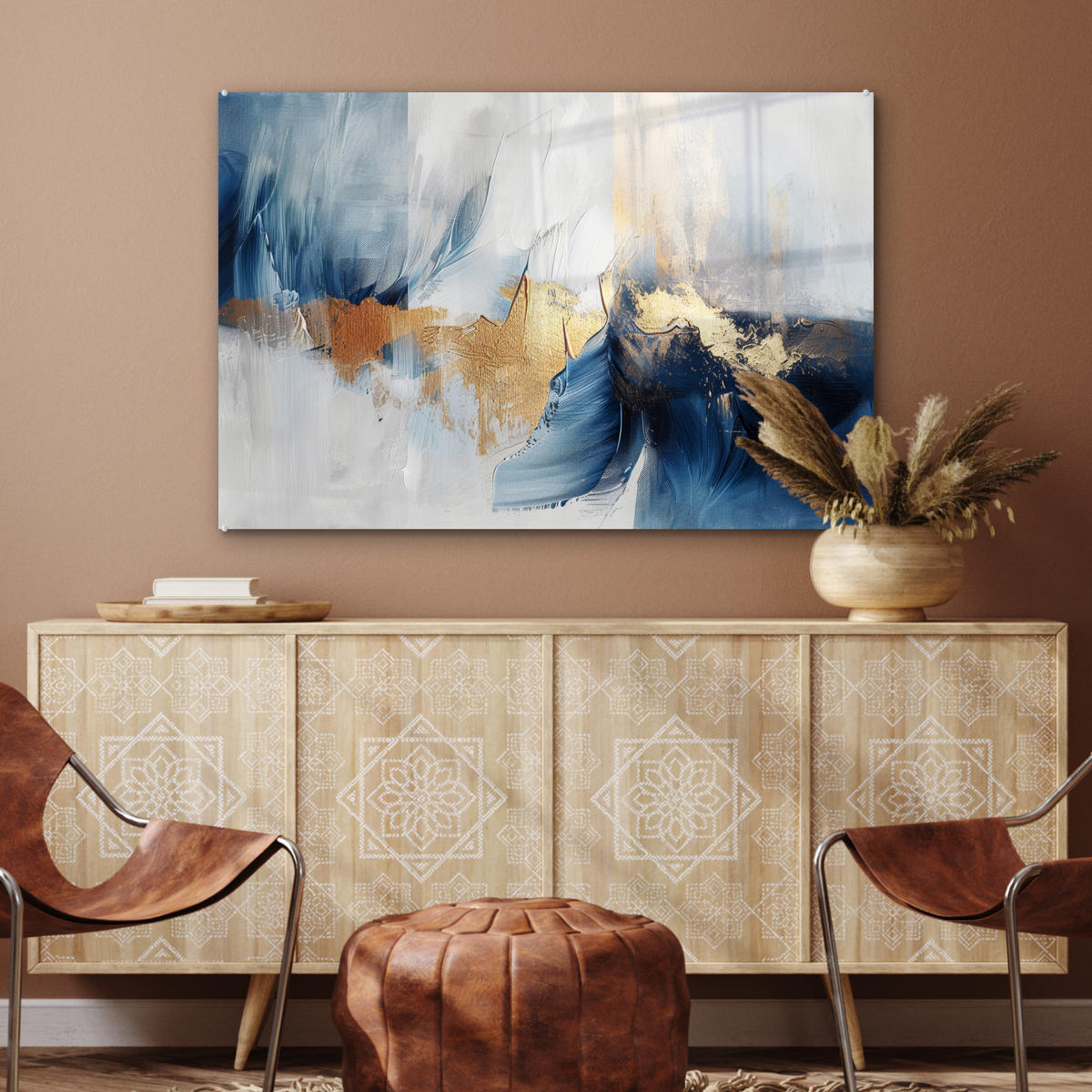 ACRYLGLASBILD Gold - Blau - Aquarell - Kunst - Modern 90x60 cm - Hellblau, Glas (90/60cm) - MuchoWow