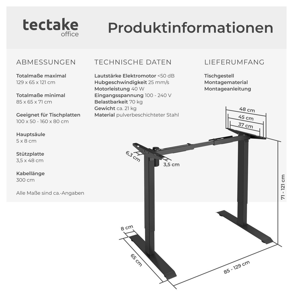 TISCHGESTELL Piotr,85 - 129 x 65 x 71 - 121 cm,schwarz - Schwarz, Metall (129/65/121cm) - tectake