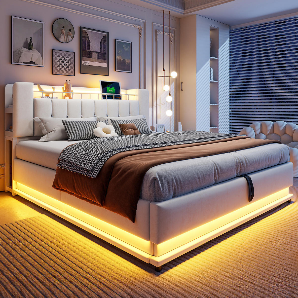 ČALÚNENÁ posteľ 180/200 cm s LED osvetlením, USB portami a hydraulickým úložným priestorom, Béžová - béžová, textil (180/200cm) - Redom