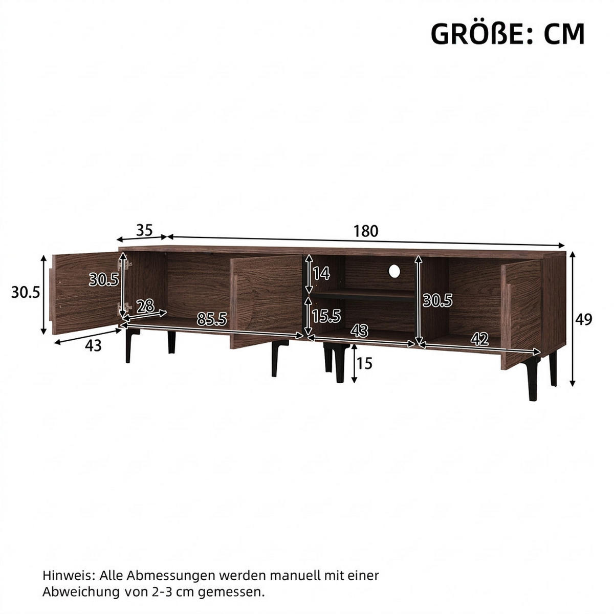 TV-SCHRANK 180/35/49 cm Dunkel Walnuss für 80 Zoll TV mit 3 Türen - Nussbaumfarben, Holzwerkstoff (180/49/35cm) - Oxeza