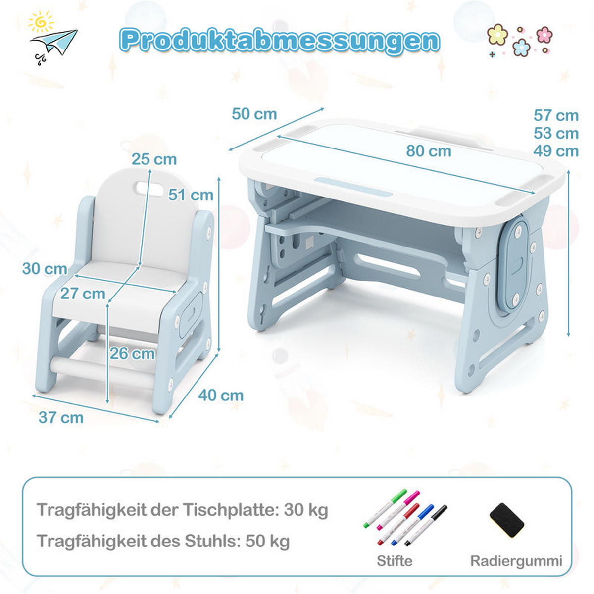 KINDERTISCH-STUHL-SET mit Höhenverstellung blau(2-tlg) - Blau, Kunststoff (80/49/50cm) - COSTWAY