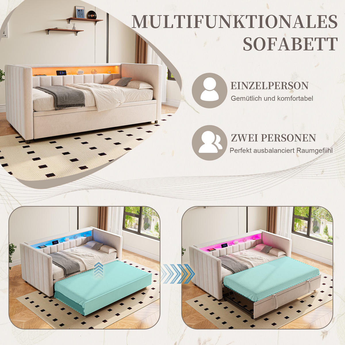 SCHLAFSOFA 90x190cm Ausziehsofa,USB-/Type-C-Anschluss,Samt,Grau - Beige, Textil (201/73/100cm) - LVHOM