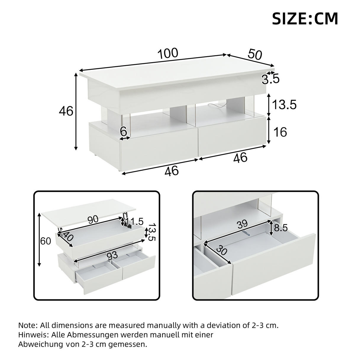COUCHTISCH 100/50/46 cm weiß aus MDF mit Hubfunktion und LED - Weiß, Holzwerkstoff (100/50/46cm) - OKMYHOME