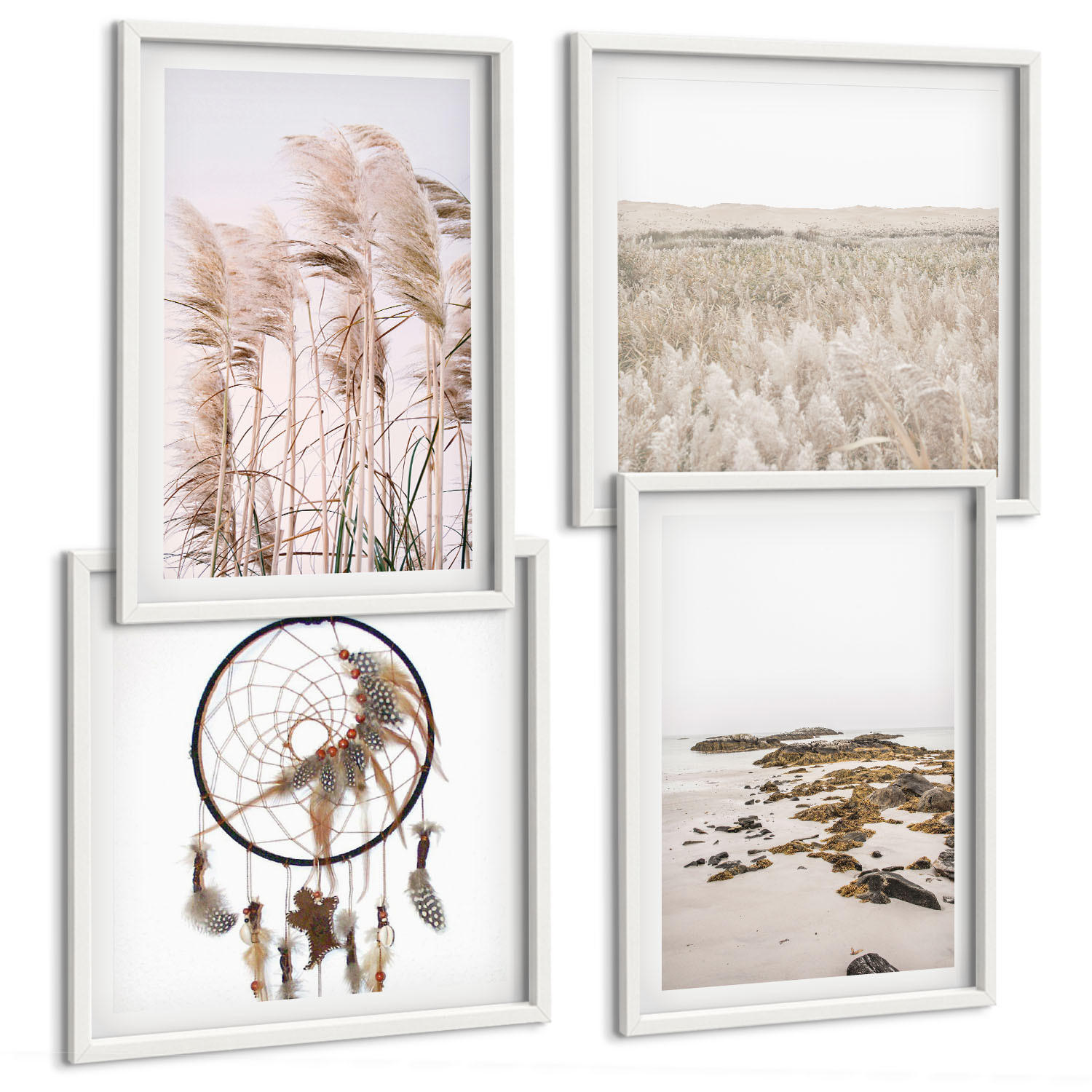 BILDER SET 4er Set - 50x50 cm & 40x60 cm Weißer Rahmen - Wiesen, Strand, Boho-Stil - Weiß, Kunststoff (50/50cm) - TULUP