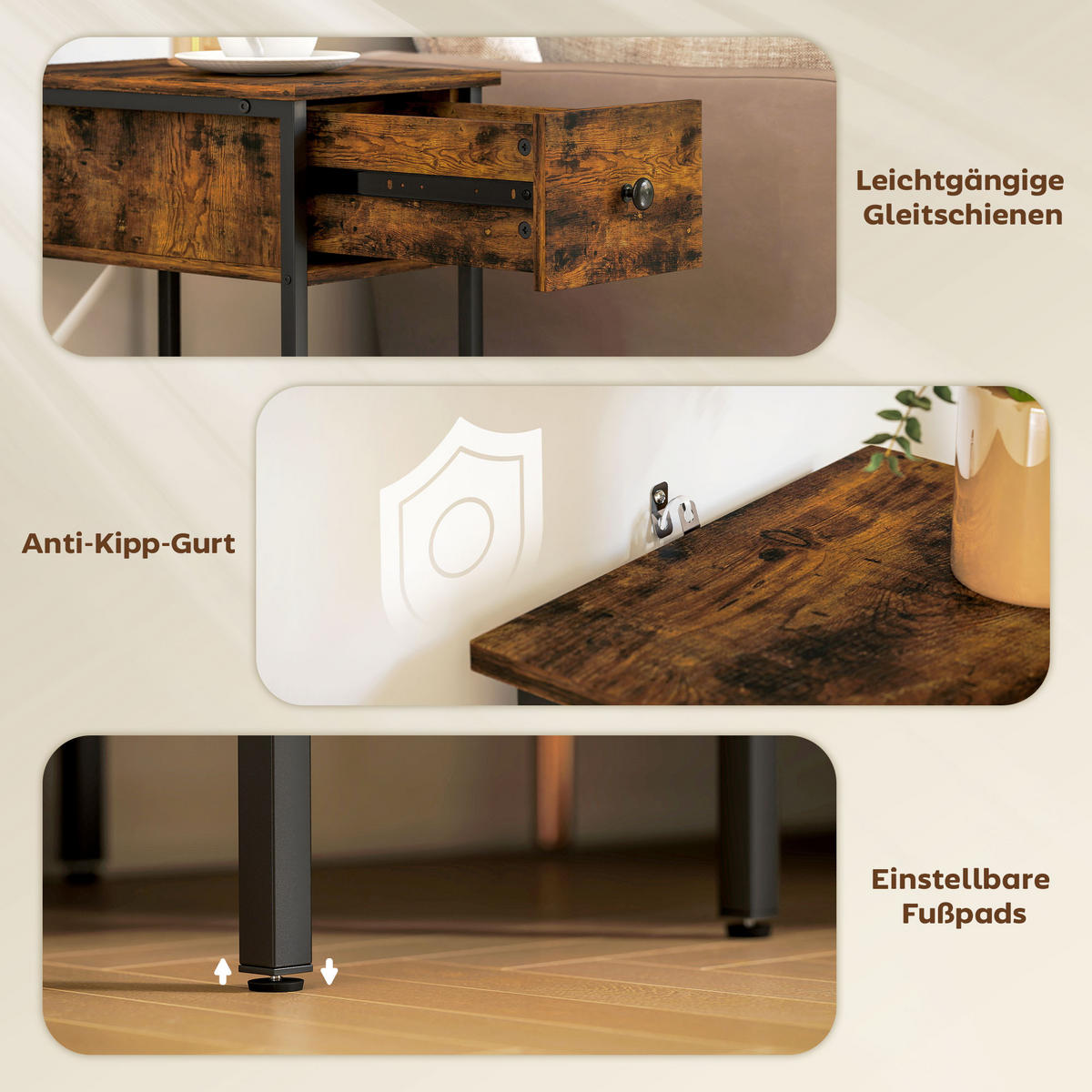 BEISTELLTISCH mit offenem Fach und Schublade, Nachttisch, Metallbeine, Holz, Braun - Wildeiche, Holzwerkstoff (39.8/25/58.2cm)