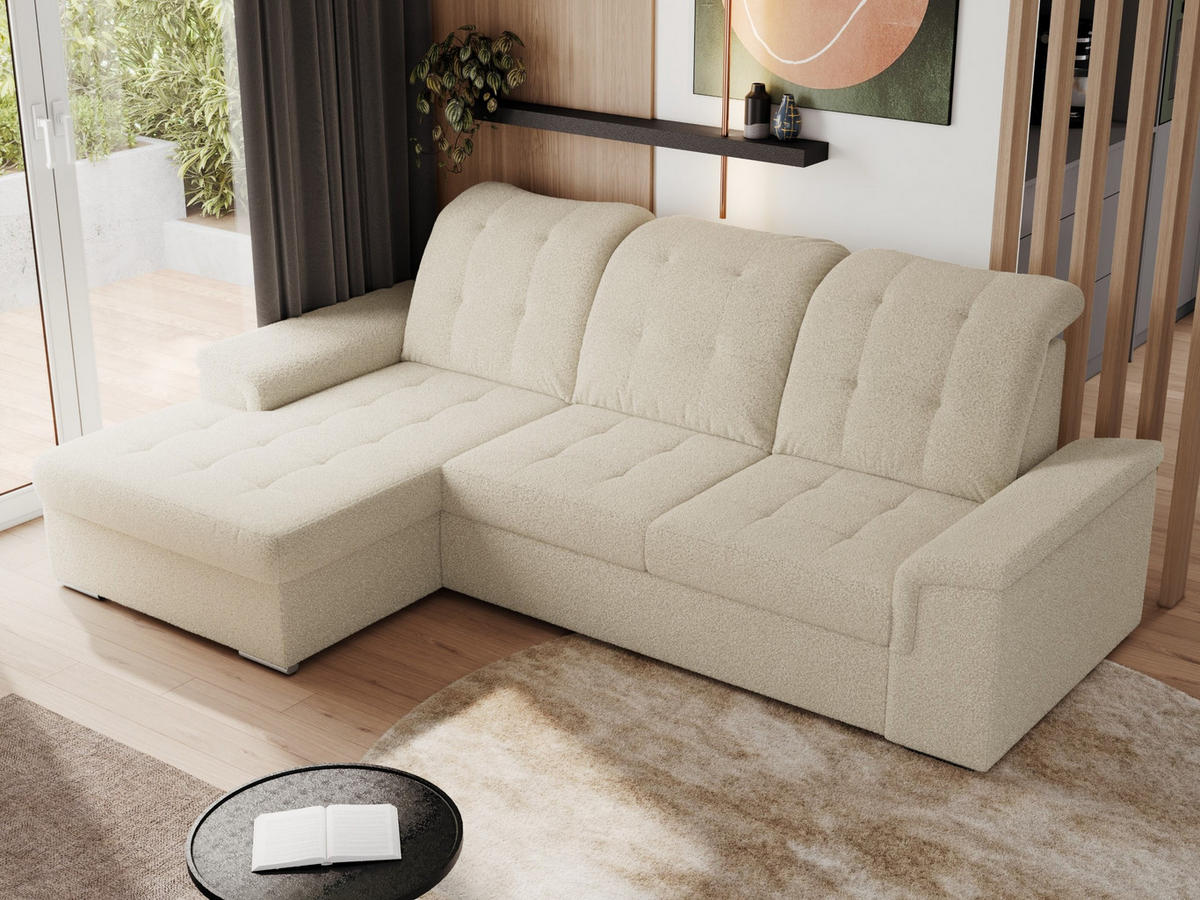 ECKSOFA MADRITO L - Beige Boucle - Links - Beige/Silberfarben, Textil/Metall (160/256cm)