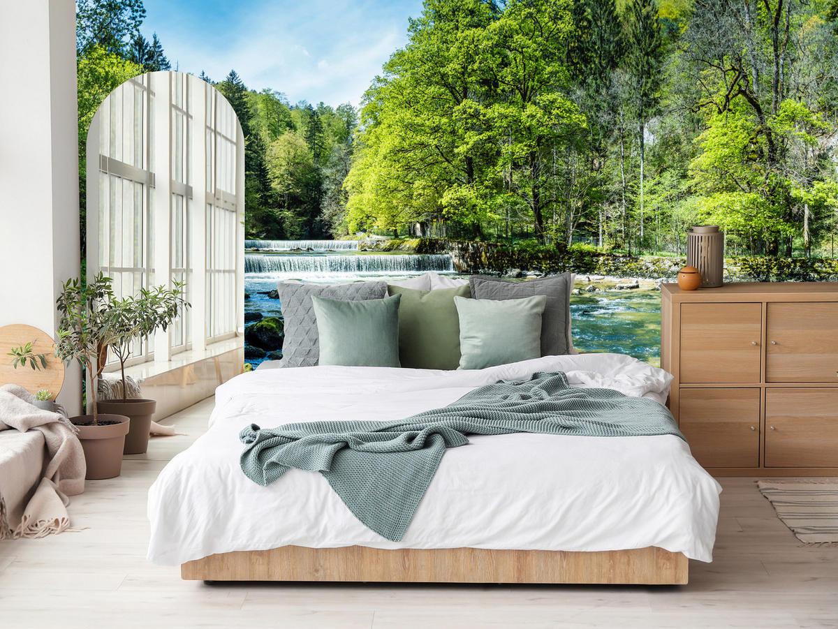 FOTOTAPETE für Wohnzimmer Landschaft Steinerne Fluss Wald Bäum 350x256 - Türkis/Blau, Papier (350/256cm) - Muralo