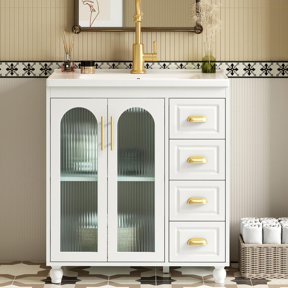 BADEZIMMERSCHRANK mit Becken 80x47x90 cm Weiß aus Porzellan & MDF mit 2 Schränken & 3 Schubladen - Weiß, Holzwerkstoff (80/90/47cm) - Modfu