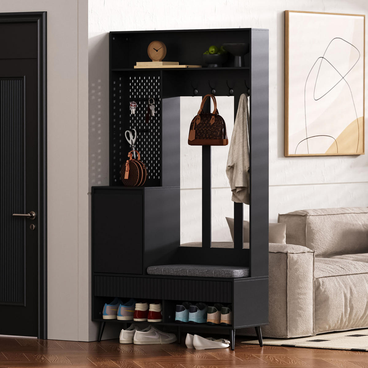 FLURGARDEROBE mit Sitzbank, 4 Haken und Schuhablage in Schwarz 100/35/180 cm - Schwarz, Holzwerkstoff (100/180/35cm) - BEAOK