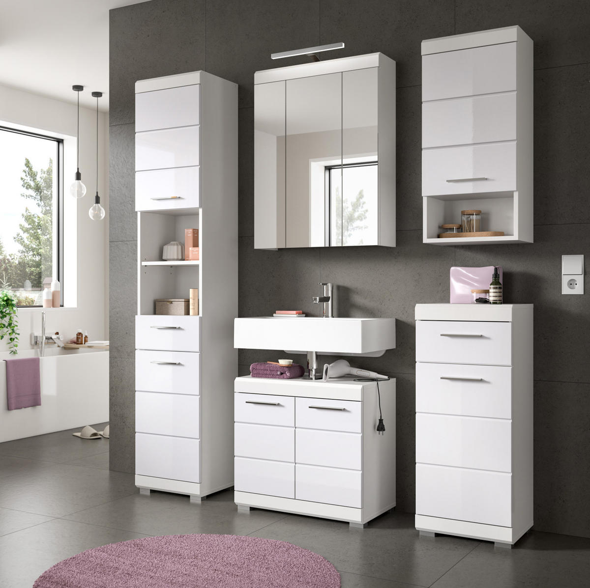 BADMÖBEL-SET weiß Hochglanz 4-teilig 112 cm, Komplettset mit viel Stauraum - Weiß Hochglanz, Glas/Holzwerkstoff (112/191/34cm) - Inn.Furn