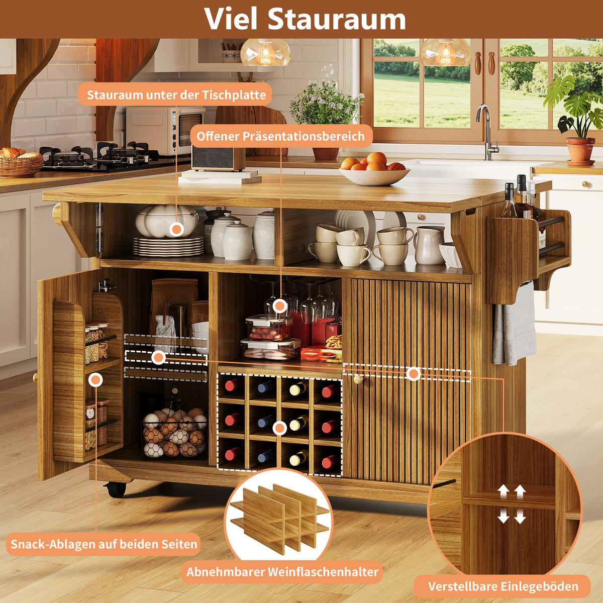 KÜCHENINSEL Weinregal Stauraum Dunkelbraun - Dunkelbraun, Holzwerkstoff (142.5/95/80cm) - FLIEKS
