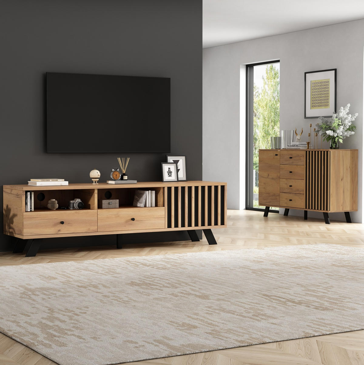 WOHNZIMMERKOMBINATION Sideboard und TV-Element Holzoptik Schwarz 2-tlg. - Braun, Holzwerkstoff (38/44/150.1cm) - Beauniv