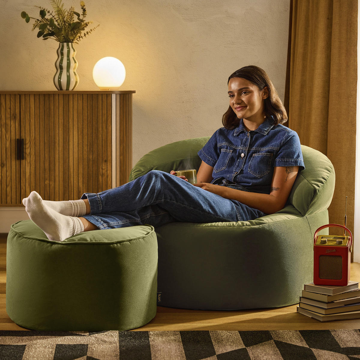 SITZSACK mit rundem Hocker Orb - Olivgrün, Textil (86/61/86cm) - icon