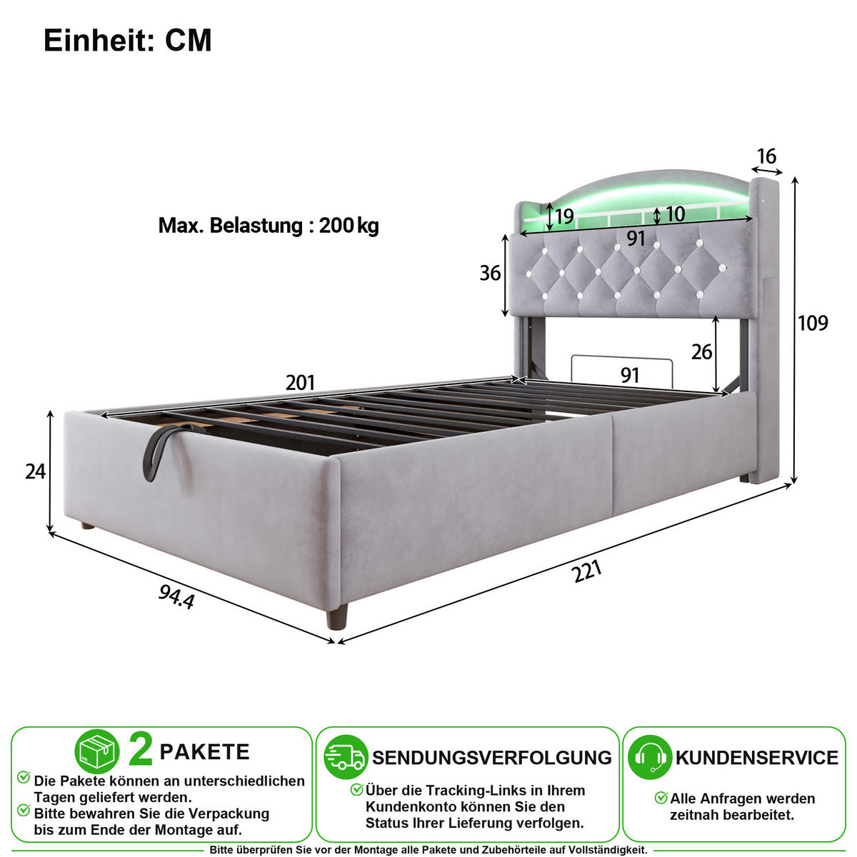 KINDERBETT 90/200 cm in Grau Samt mit Stauraum, LED, USB und Type-C - Grau, Holzwerkstoff/Textil (90/200cm) - CHICFURN
