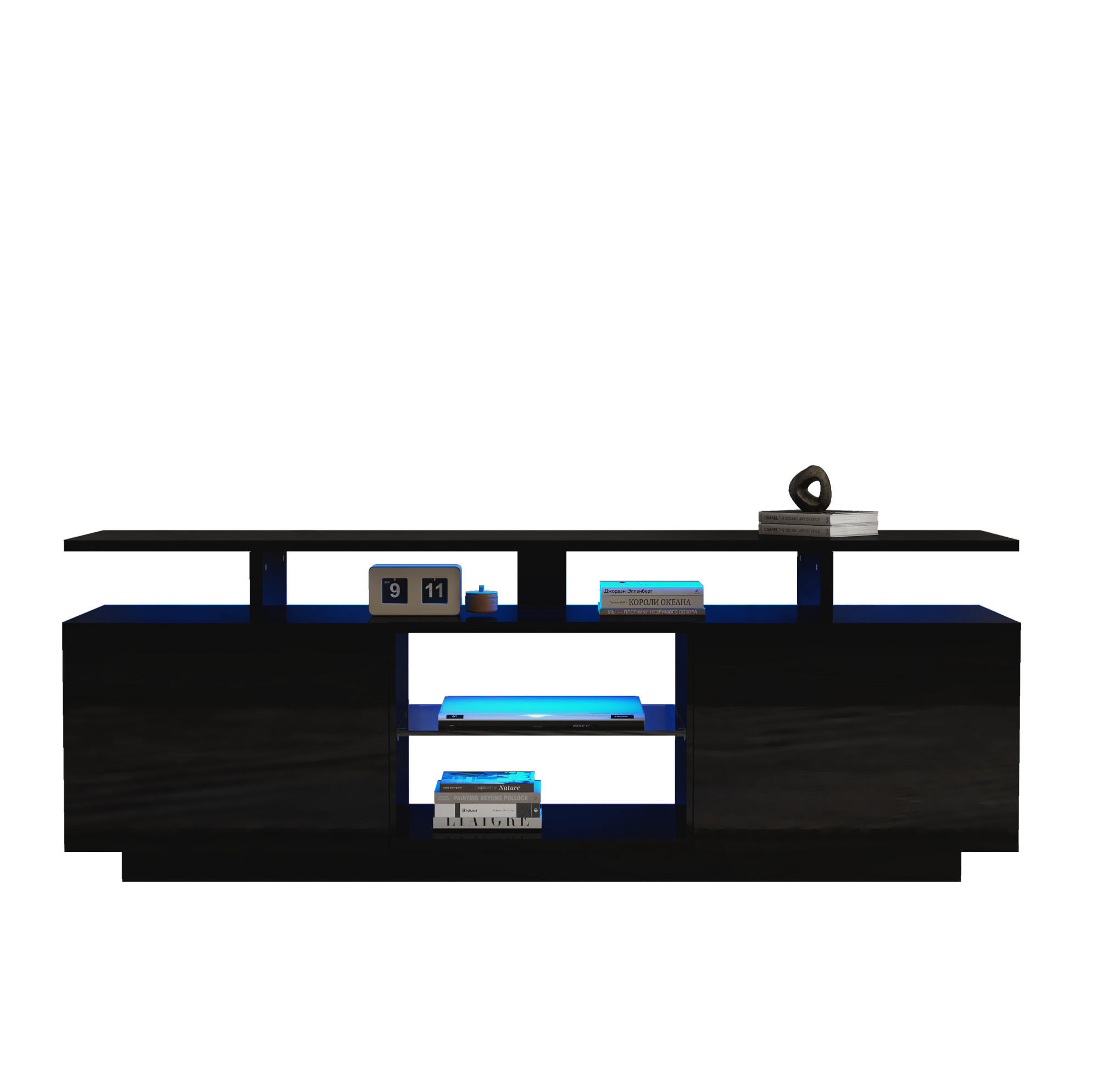 TV-SCHRANK 140/35/55 cm aus Spanplatte mit App-gesteuerter LED-Beleuchtung, 2 Hochglanz-Türen und 5 offenen Fächern, Schwarz - Schwarz, Holzwerkstoff (140/55/35cm) - Redom