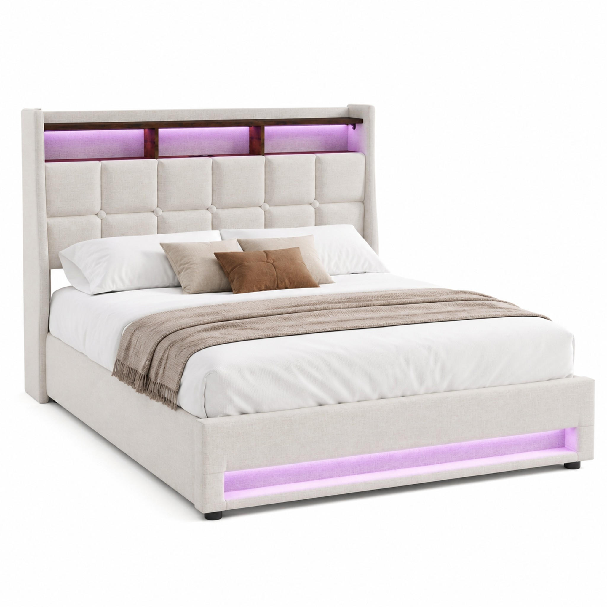 BETT mit Stauraum und USB 140x200 cm Leinen Beige - Beige, Metall (140/200cm) - Meubliv