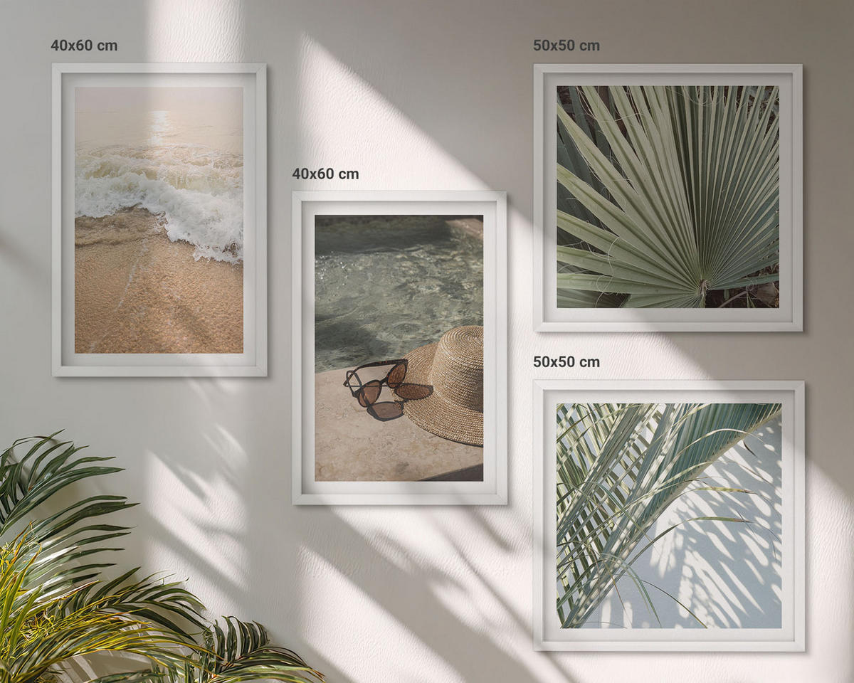 WANDBILDER 4er-Set - 50x50 cm & 40x60 cm Weißer Rahmen - Strandhut und Sonnenbrille - Weiß, Kunststoff (50/50cm) - ArtPrintCave