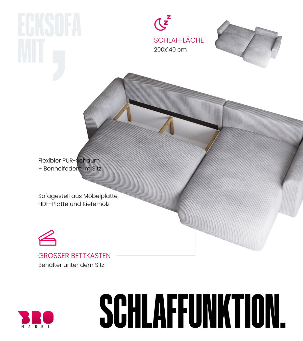 ECKSOFA MORENO mit Schlaffunktion Grau Cord - Grau, Textil (262/160cm) - Bromarkt