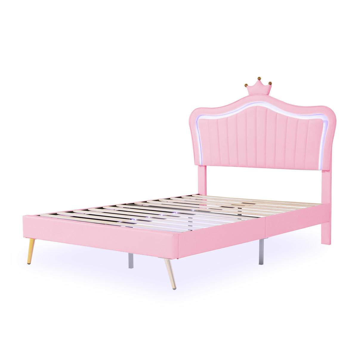 POLSTERBETT 140/200 cm rosa mit LED-Beleuchtung und höhenverstellbarem Kopfteil - Pink, Textil (140/200cm) - OKWISH