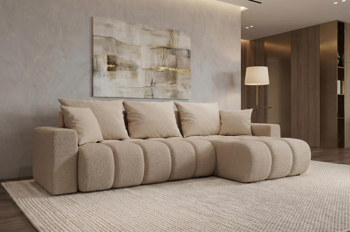 ECKSOFA GERRO Schlaffunktion Bettkasten Universal Boucle Beige - Beige, Textil (237/142cm) - Luxkor24