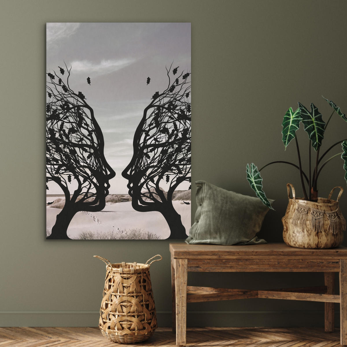 AKUSTIKBILD Strand - Meer - Menschen - Baum - Moderne Kunst Wanddeko 60x90 cm - Hellgrau, Kunststoff (60/90/0.9cm) - MuchoWow