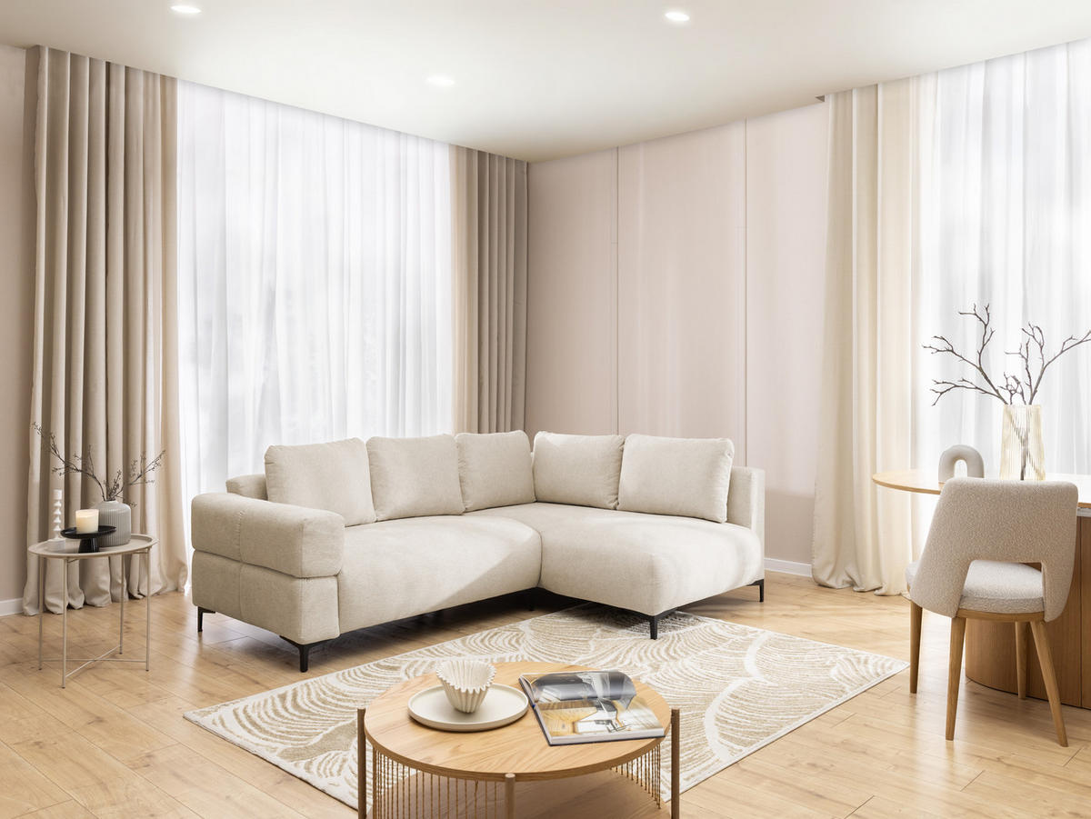 ECKSOFA Cardea in Bubble-Optik aus weichem Hellbeige Strukturstoff mit hohem Sitzkomfort - Ottomane rechts - Beige/Schwarz, Holz/Textil (230/170cm) - S-Style Möbel