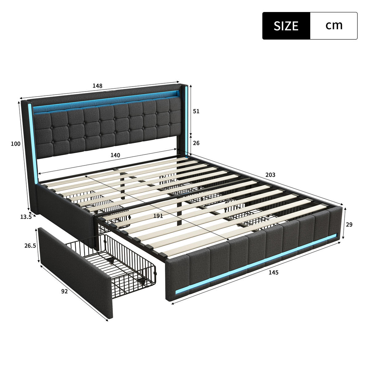 POLSTERBETT 140x190 cm mit LED, USB-Anschluss, 4 Schubladen und Flügelkopfteil, grau - Grau, Holz (140/190cm)