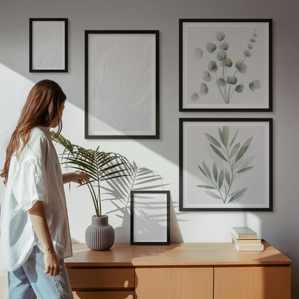 WANDBILDER 5er-Set - 50x50 cm & 20x30 cm & 40x60 cm Schwarzer Rahmen - Marmorstruktur, pastellfarbene Zweige - Schwarz, Kunststoff (40/60cm) - ArtPrintCave