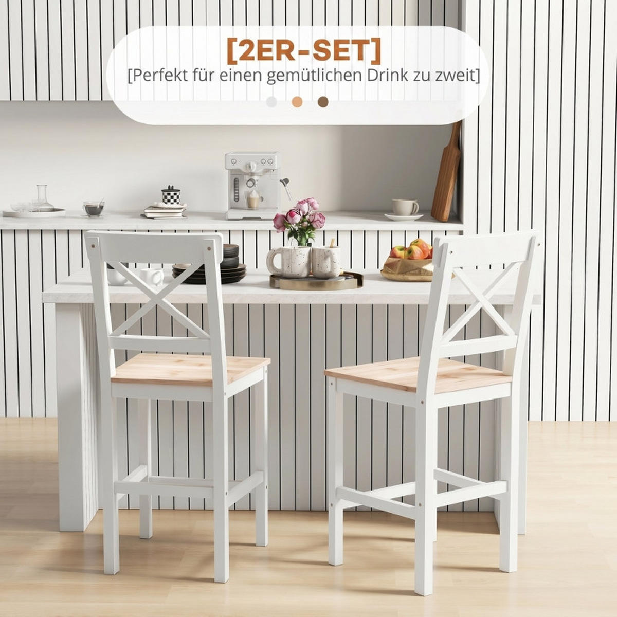 BARHOCKER DE-36067 2er Set mit Kiefernholz im Landhaus-Stil Natur - Weiß, Holz (41/97.5/46cm) - ComfortXL